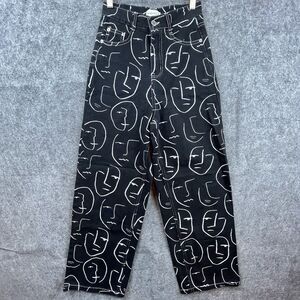 Shekou Jeans Women XS Little Things Wide Straight Modern Art Abstract Face Print